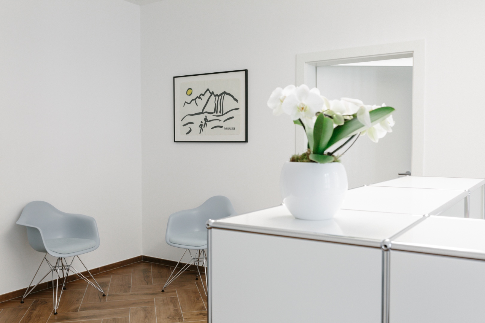 Ecke mit Kunstdruck und Orchidee